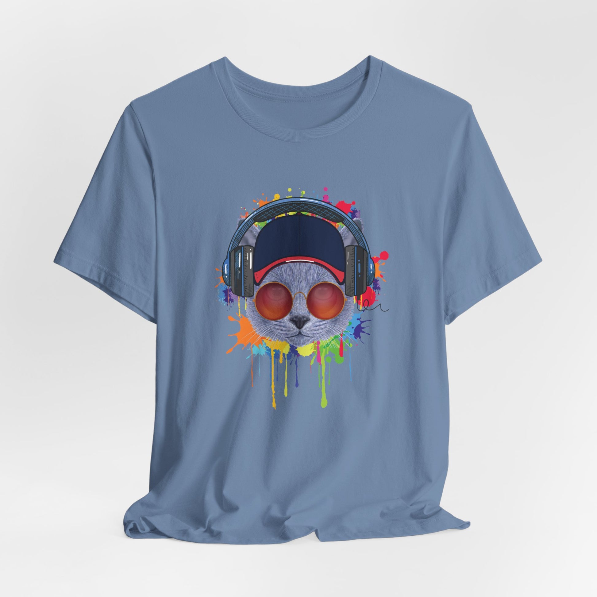 Steel Blue Lost In Music Cat T-Shirt Unisex Crew Neck