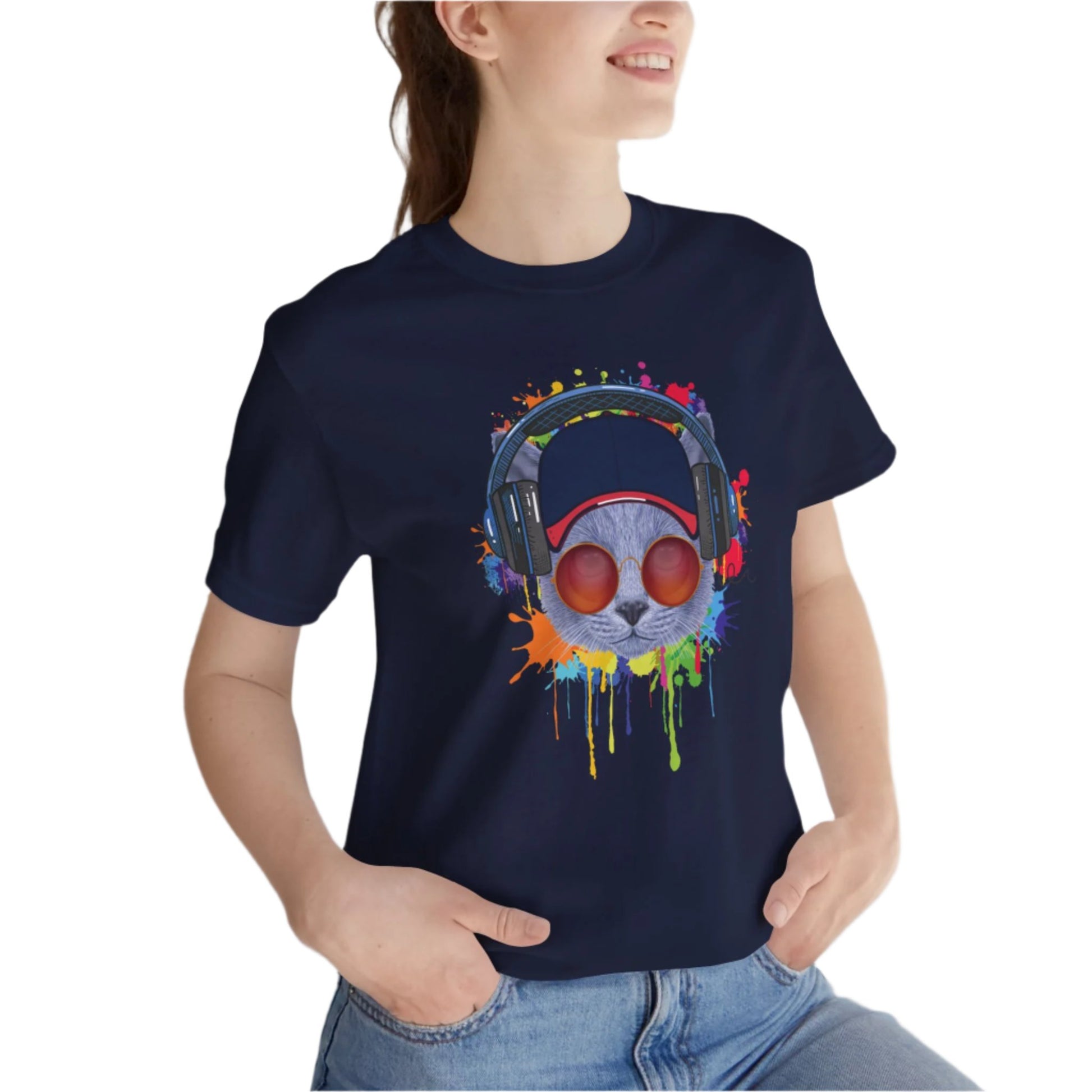 Navy Lost In Music Cat T-Shirt Unisex Crew Neck
