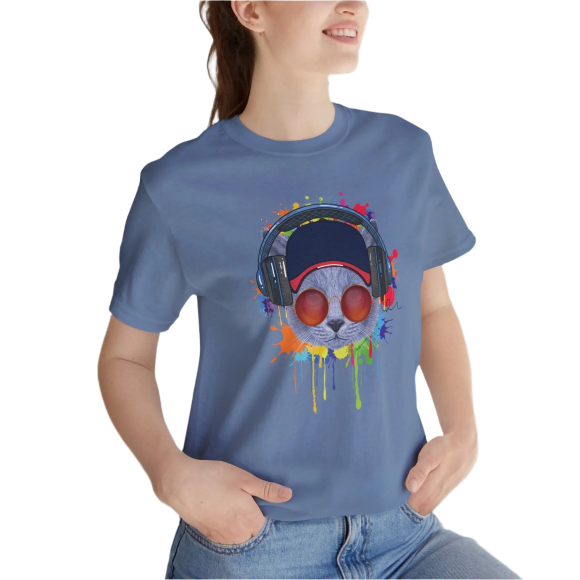 Steel Blue Lost In Music Cat T-Shirt Unisex Crew Neck