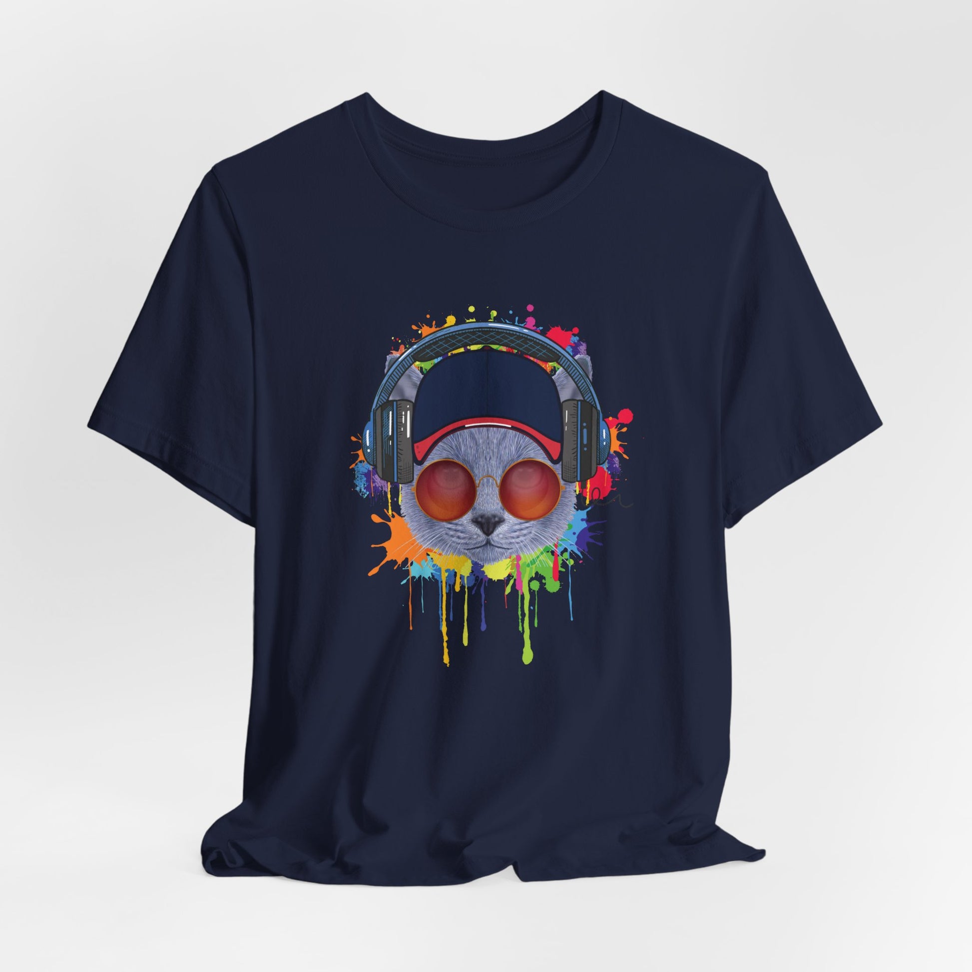 Navy Lost In Music Cat T-Shirt Unisex Crew Neck