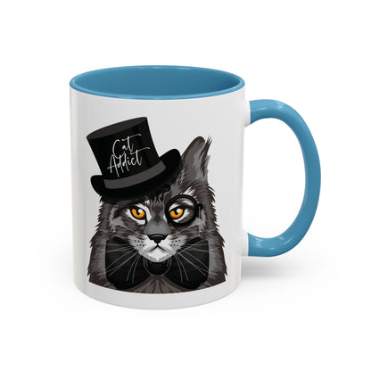 Mug with an illustration of a Maine Coon cat wearing a top hat and the text 'Cat Addict' 
