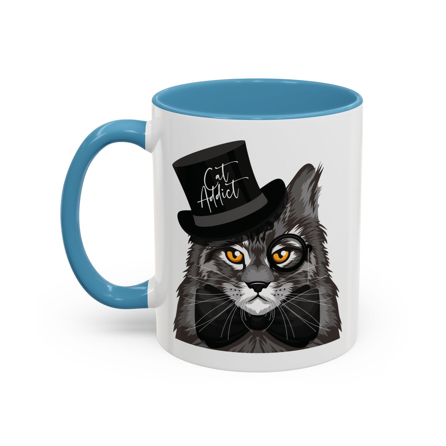 Mug with an illustration of a Maine Coon cat wearing a top hat and the text 'Cat Addict' 