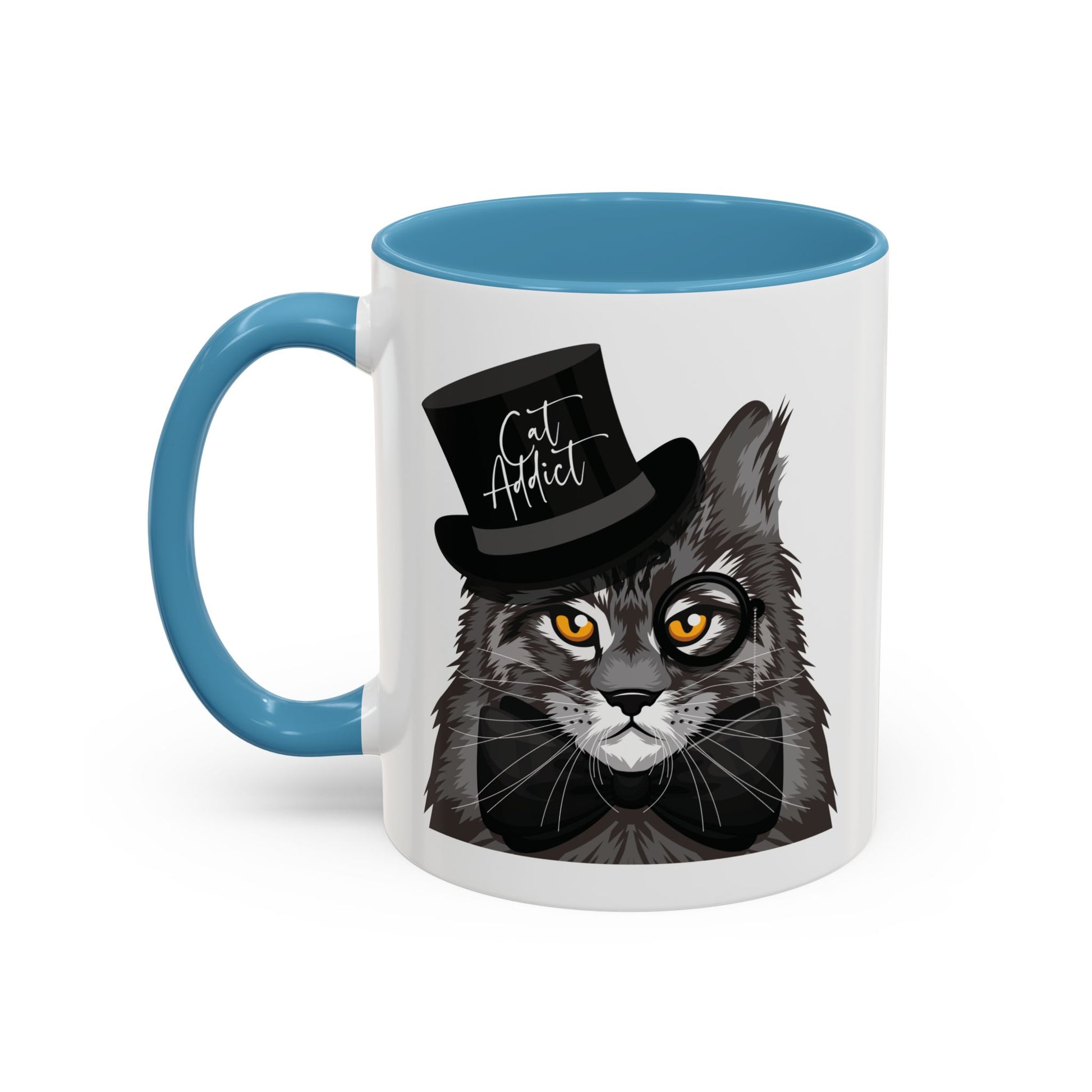Mug with an illustration of a Maine Coon cat wearing a top hat and the text 'Cat Addict' 