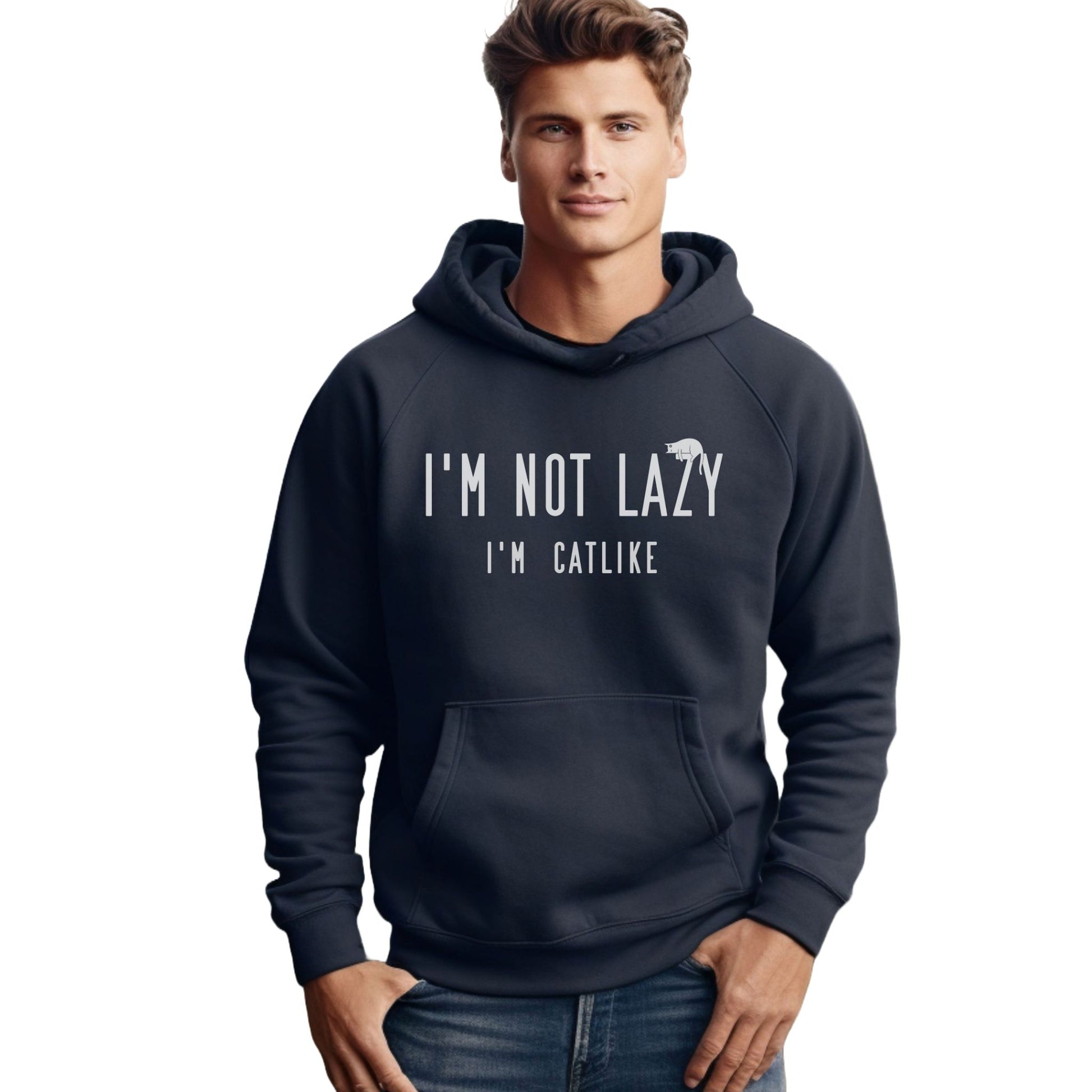 Navy Not Lazy Cat Themed Hooded Sweatshirt Unisex