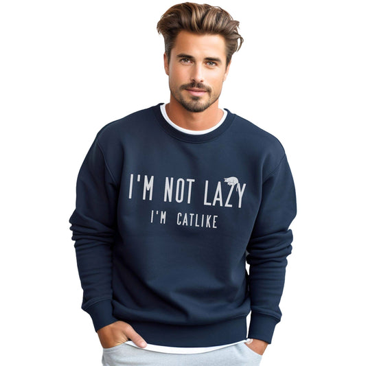 Navy Not Lazy Crewneck Unisex Cat Themed Sweatshirt
