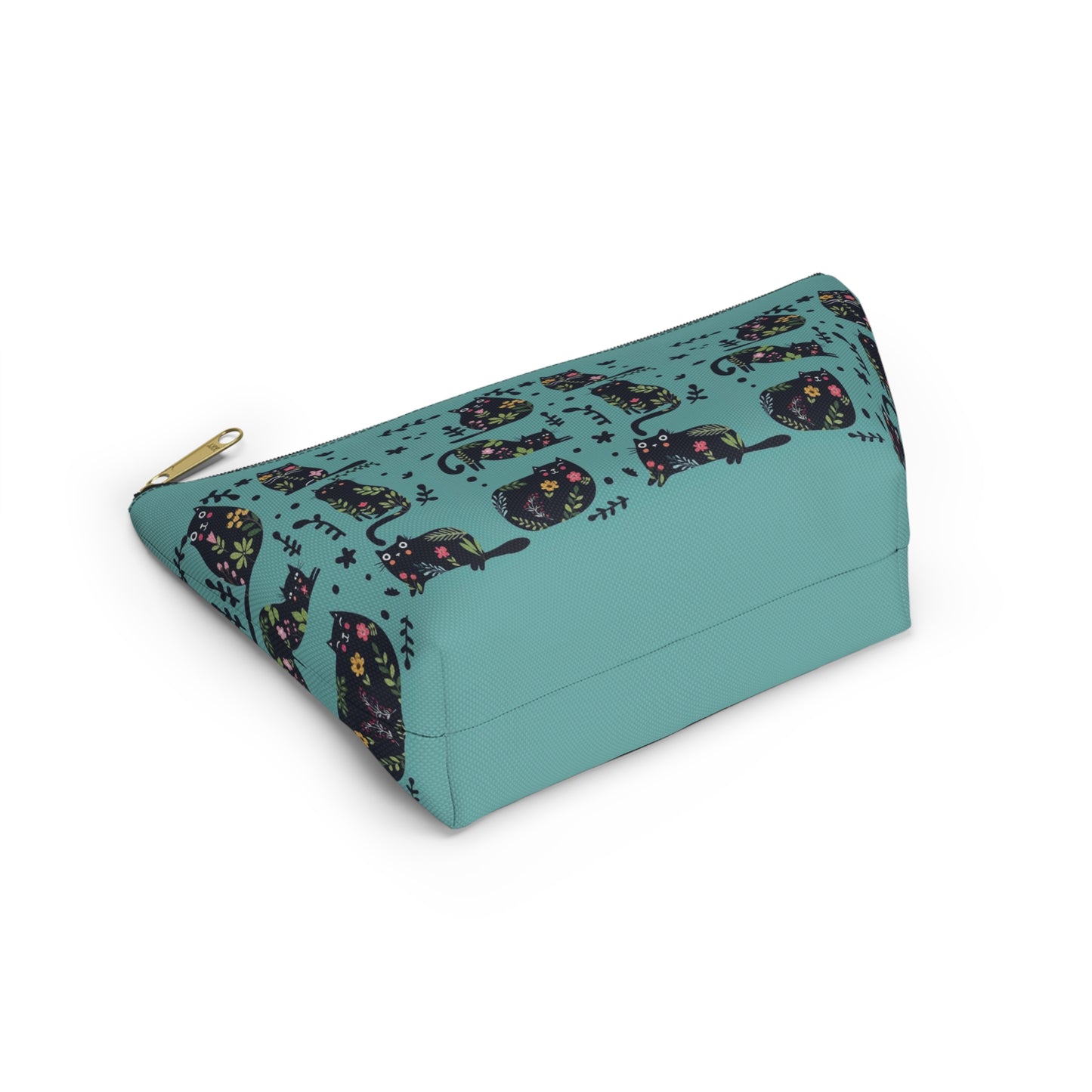 An accessory bag with an abstract design featuring cats and floral design on a blue background. Cosmetic, makeup, toiletry, travel, pencil case & everyday bag for cat lovers.