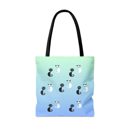 Tote bag with the text "Sorry I'm Late My Cat Was Sitting On Me" and black and white cat illustrations. 