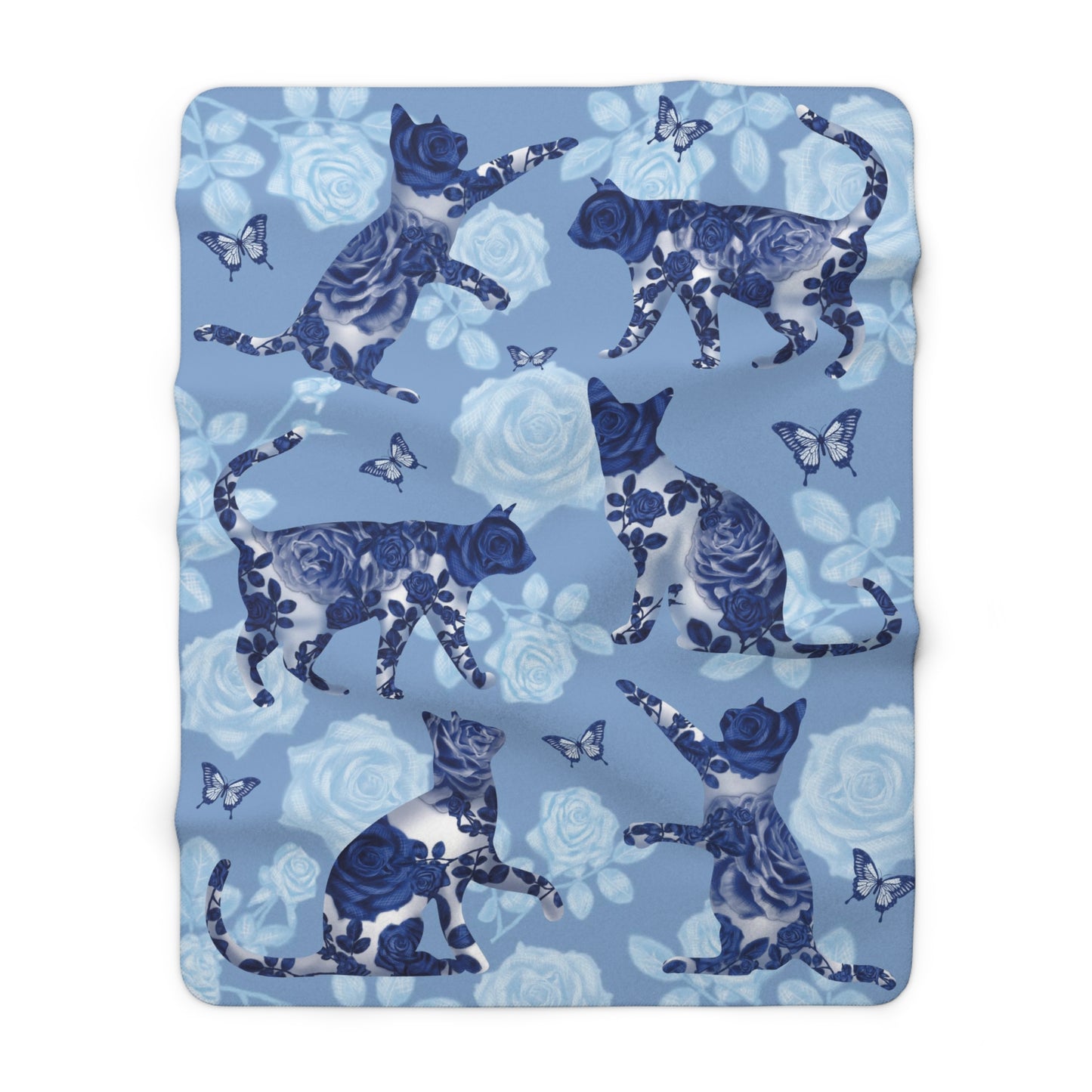 Blue fleece blanket with cats, butterflies and floral pattern.