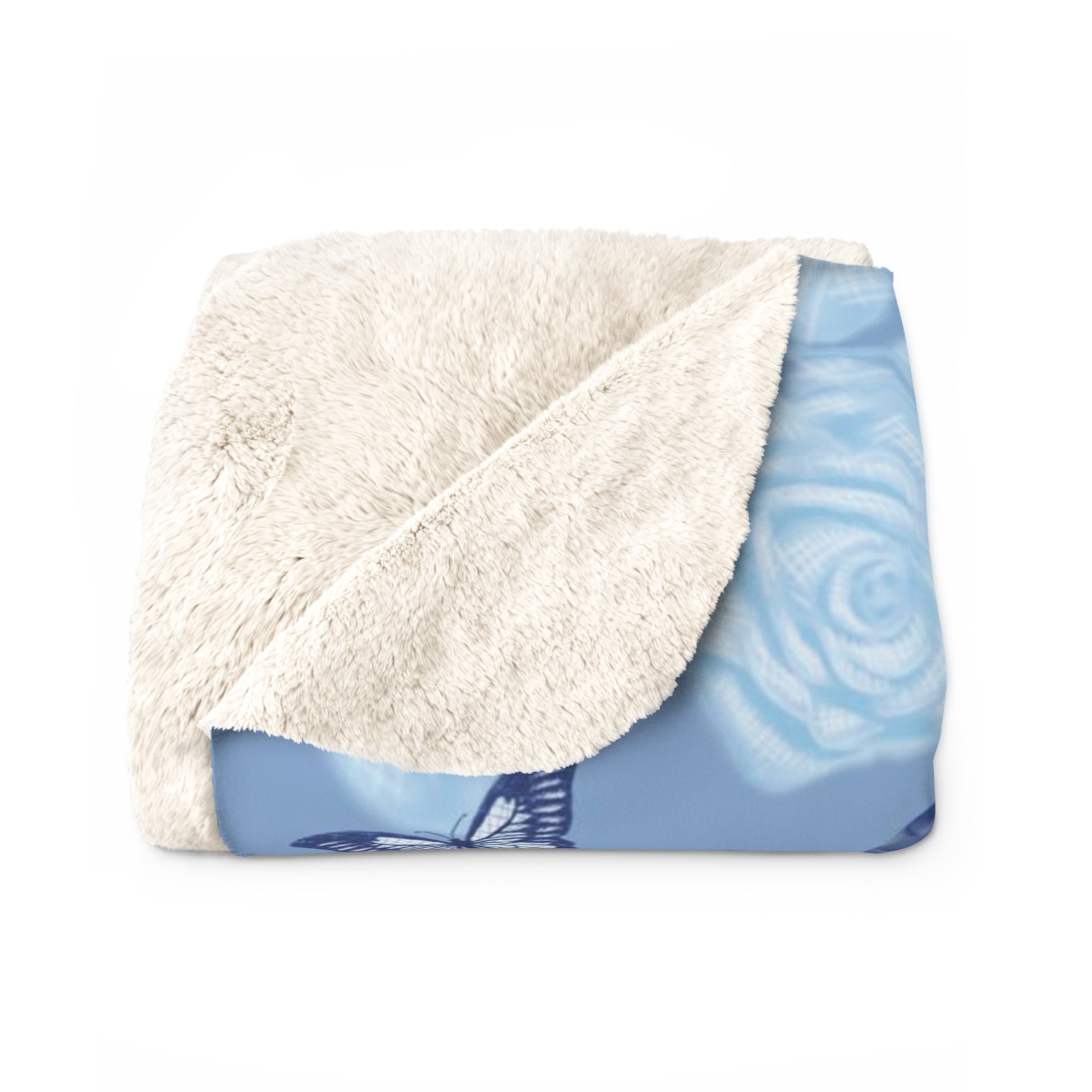 Blue fleece blanket with cats, butterflies and floral pattern.