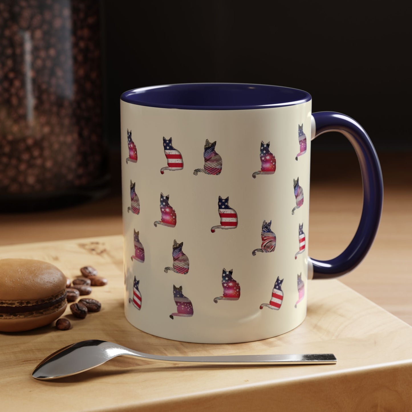 Navy mug with LOVE text and cat silhouette graphics in colors of American flag.
