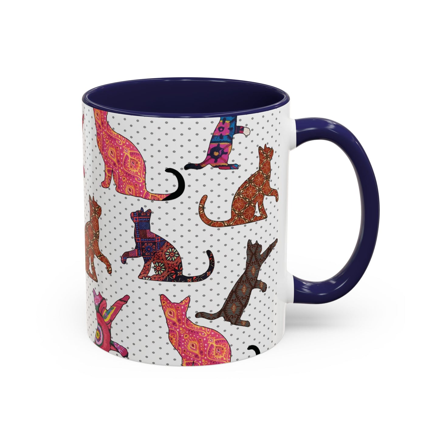 Navy mug with colorful cat silhouette pattern.