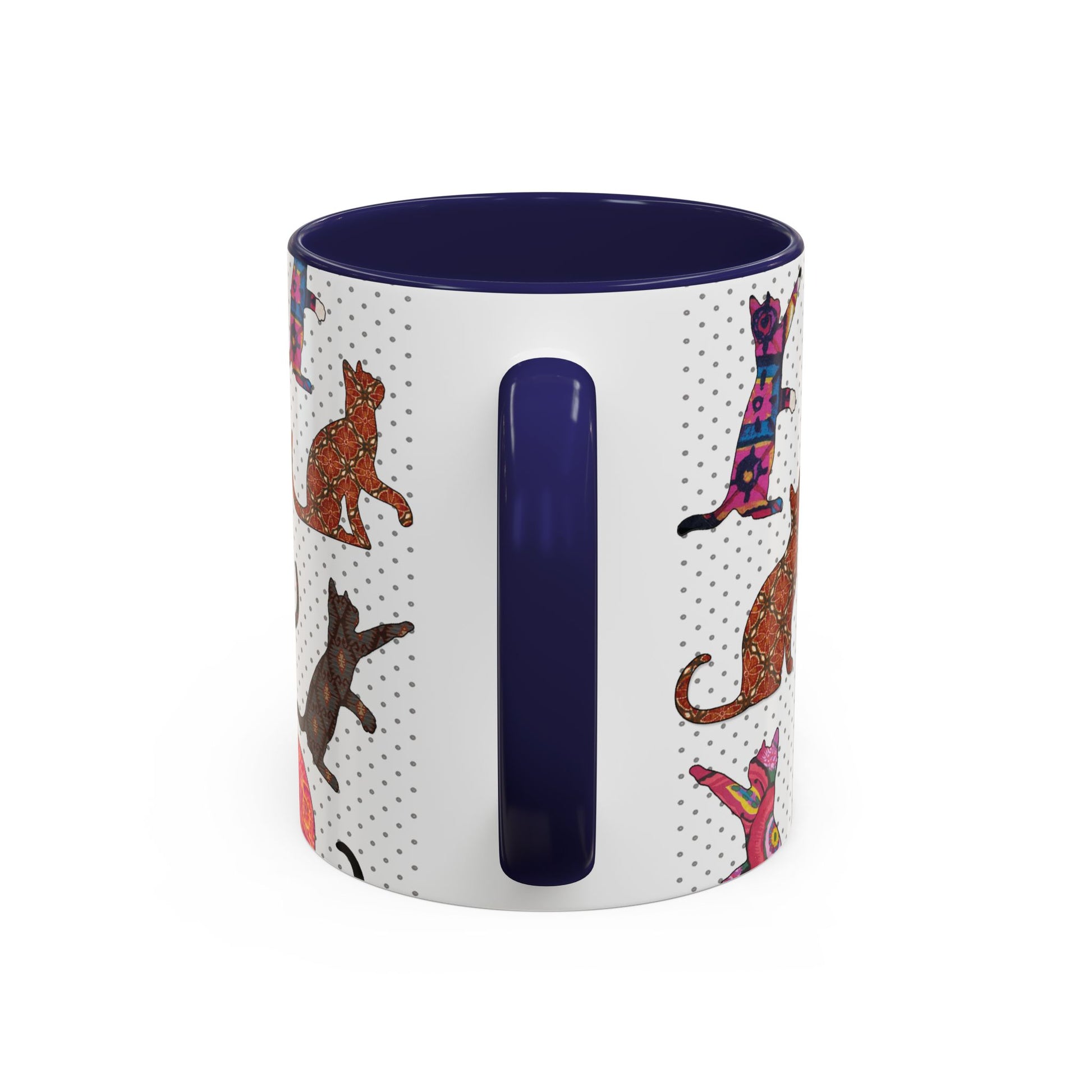 Navy mug with colorful cat silhouette pattern.