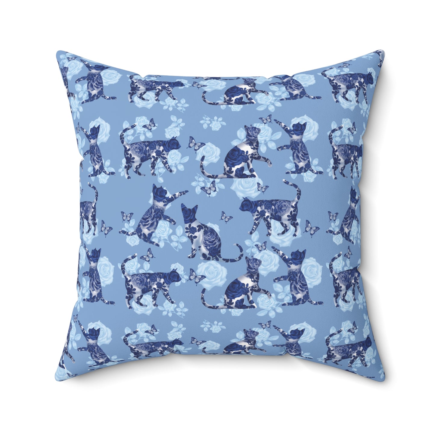 Blue square Throw Pillow with cats, butterflies and roses motif
