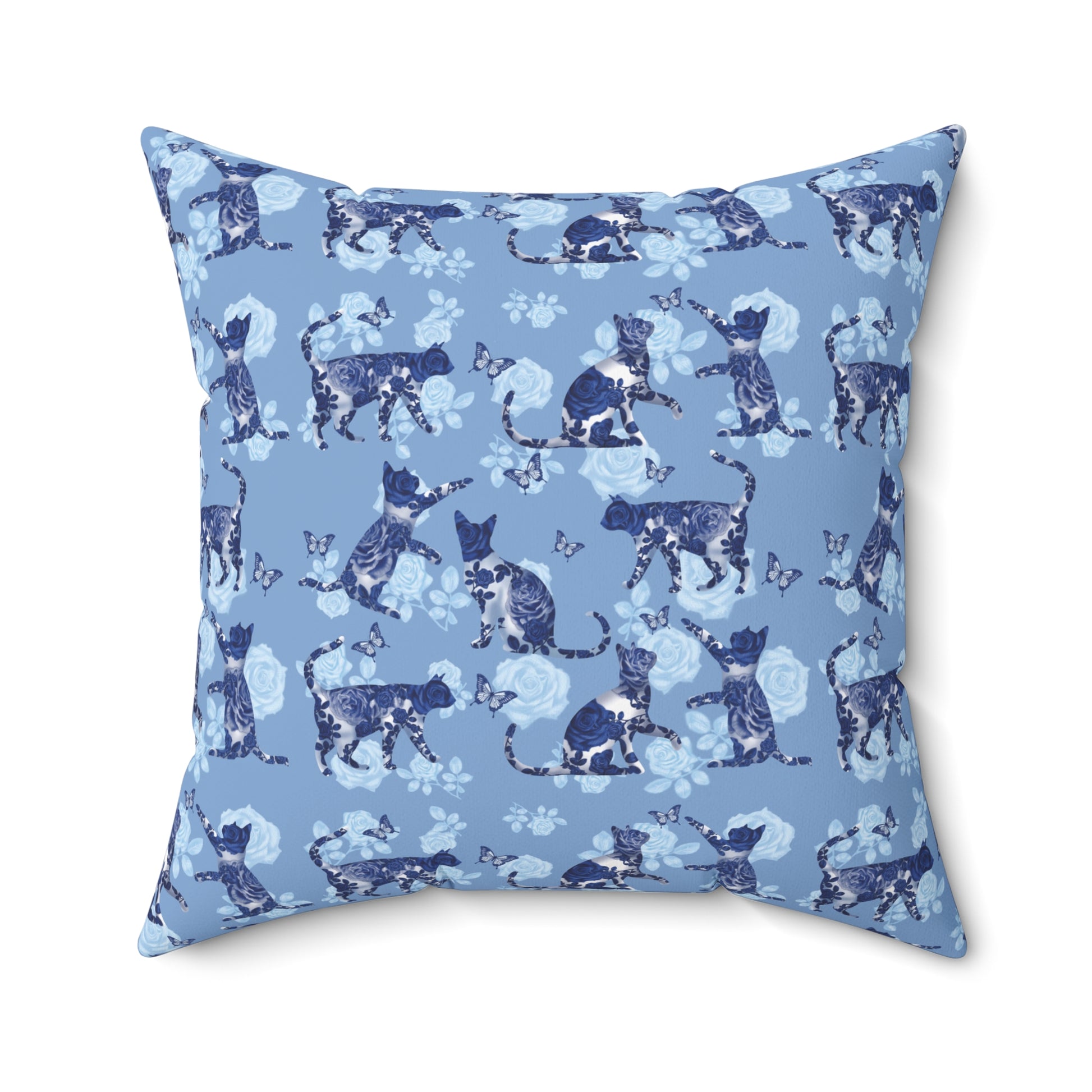 Blue square Throw Pillow with cats, butterflies and roses motif