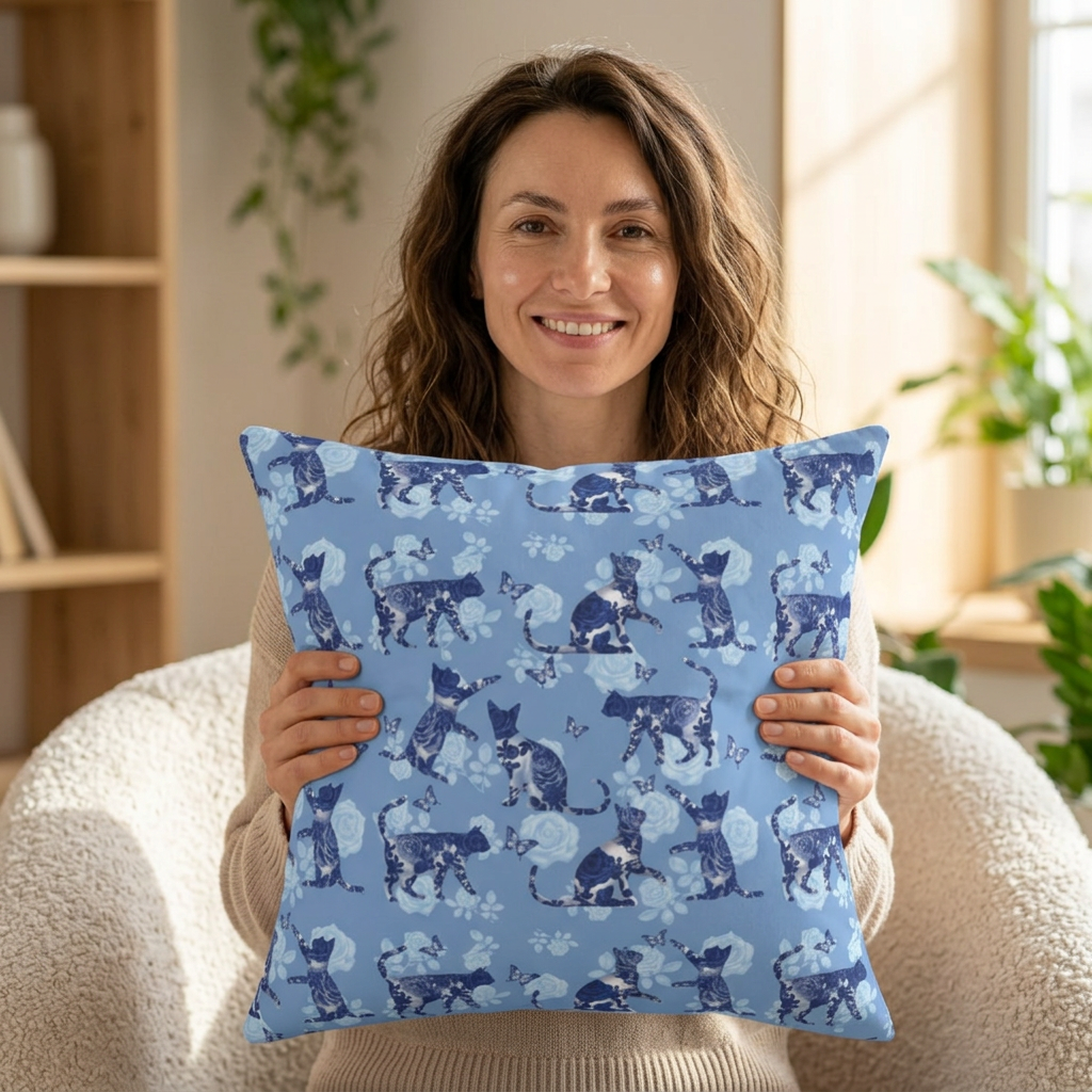 Blue square Throw Pillow with cats, butterflies and roses motif