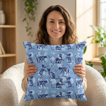 Blue square Throw Pillow with cats, butterflies and roses motif
