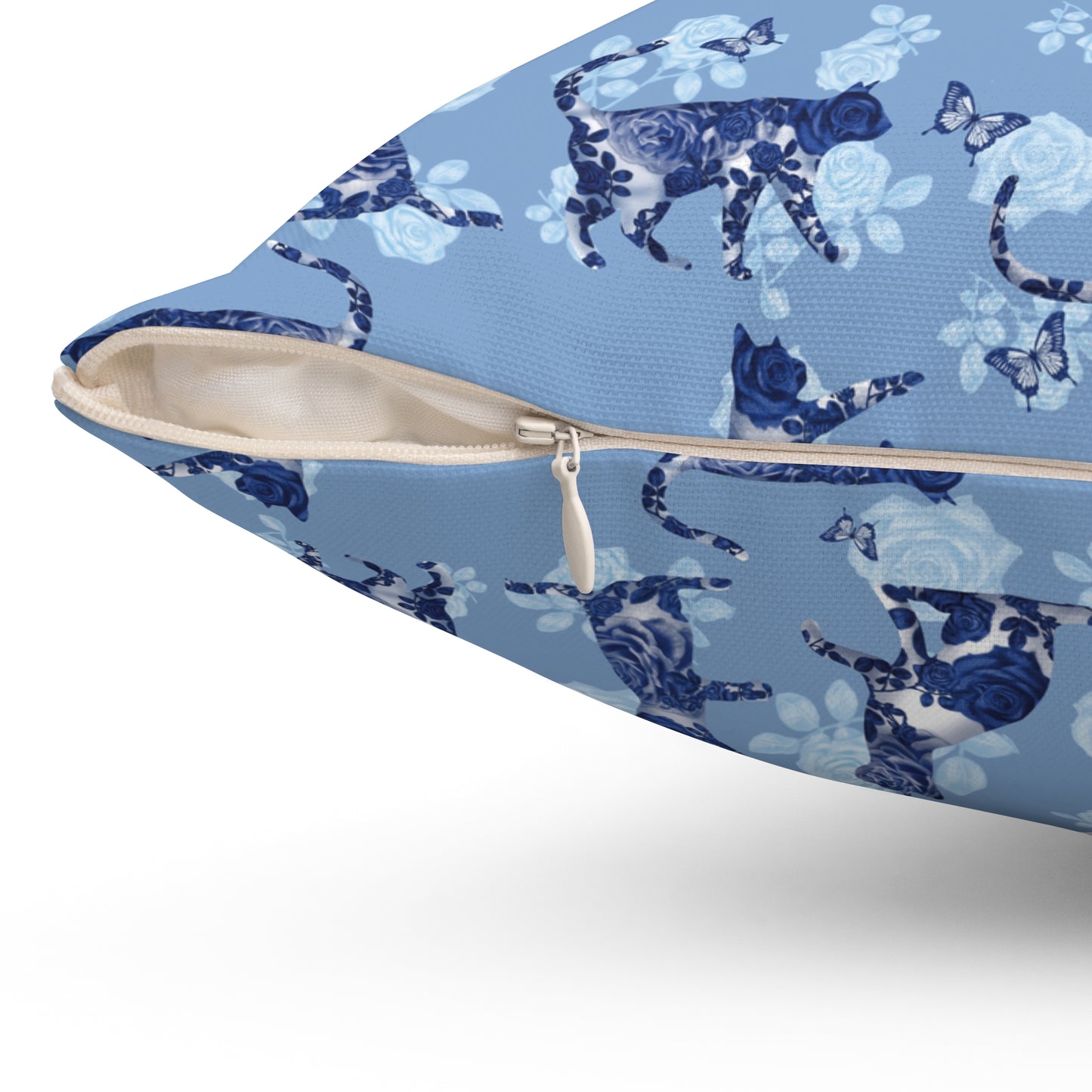 Blue square Throw Pillow with cats, butterflies and roses motif