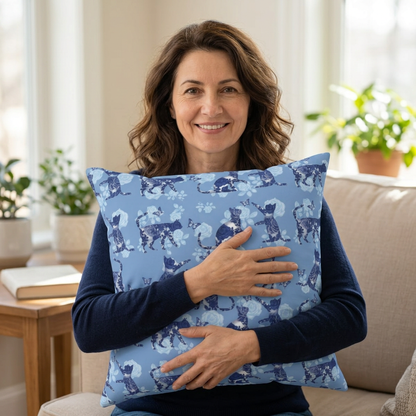 Blue square Throw Pillow with cats, butterflies and roses motif