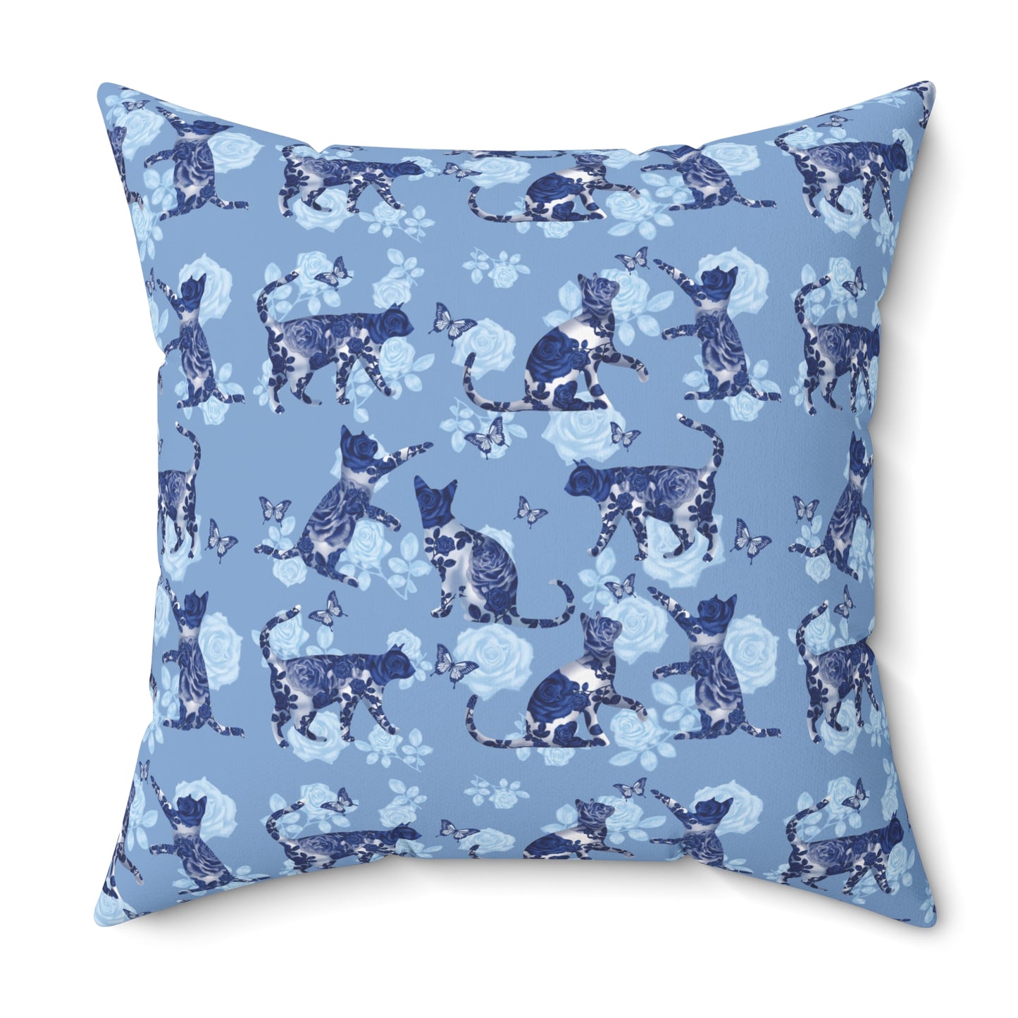 Blue square Throw Pillow with cats, butterflies and roses motif