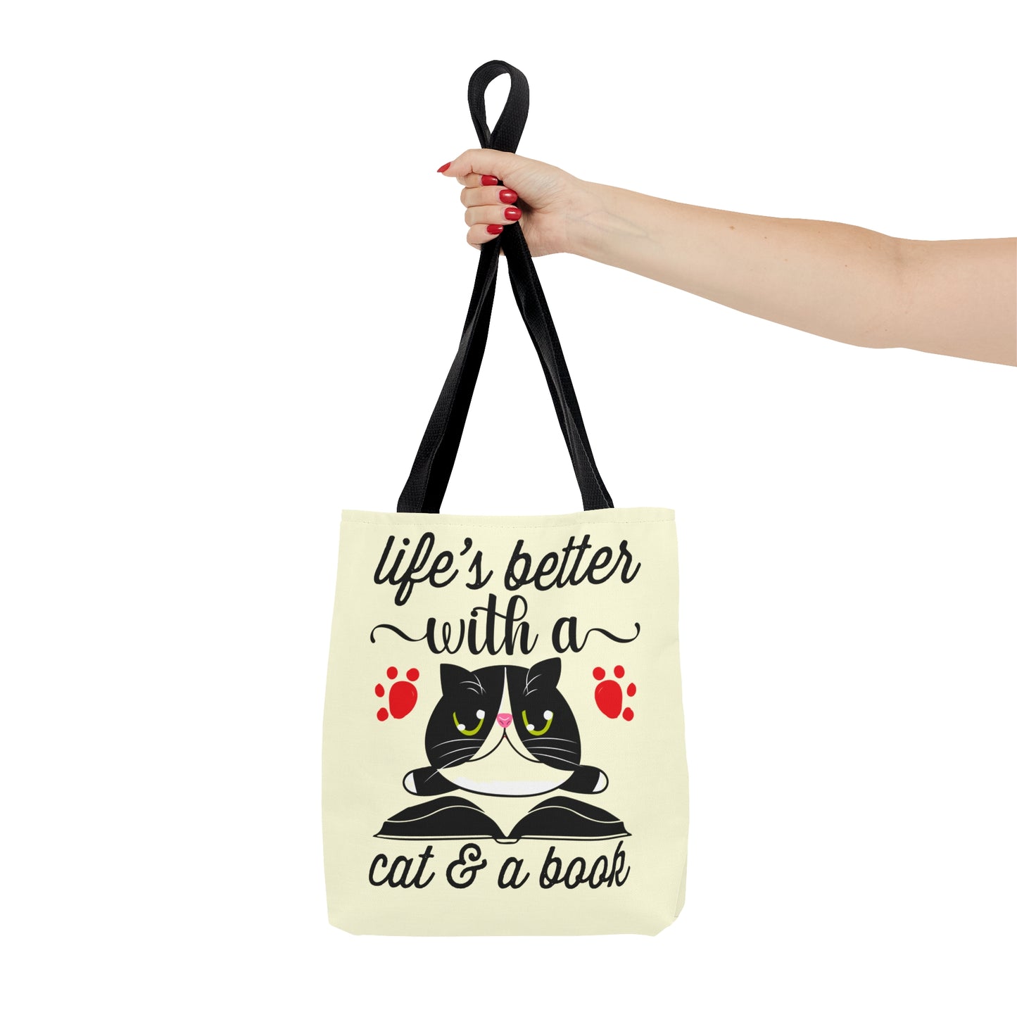 Cream Tote bag with a cat illustration and text 'life's better with a cat & a book'  