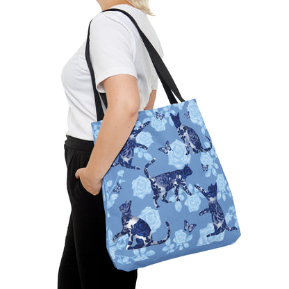 Cat themed blue Tote bag featuring cats, butterflies and roses pattern.