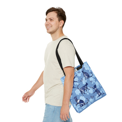 Cat themed blue Tote bag featuring cats, butterflies and roses pattern.
