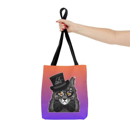 Orange & purple color Tote bag with an illustration of a Maine Coon cat wearing a top hat and the text 'Cat Addict.'   