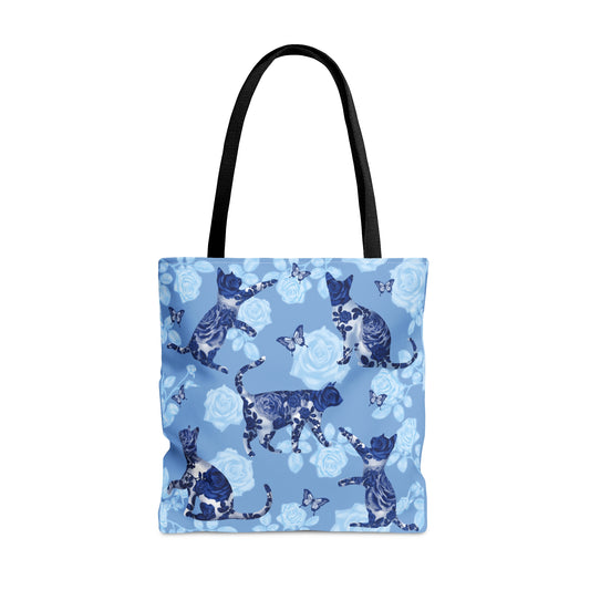 Cat themed blue Tote bag featuring cats, butterflies and roses pattern.