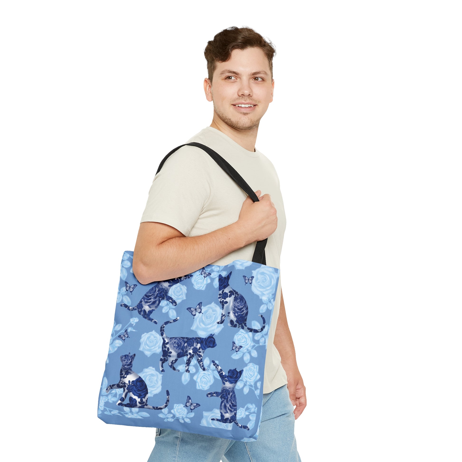 Cat themed blue Tote bag featuring cats, butterflies and roses pattern.