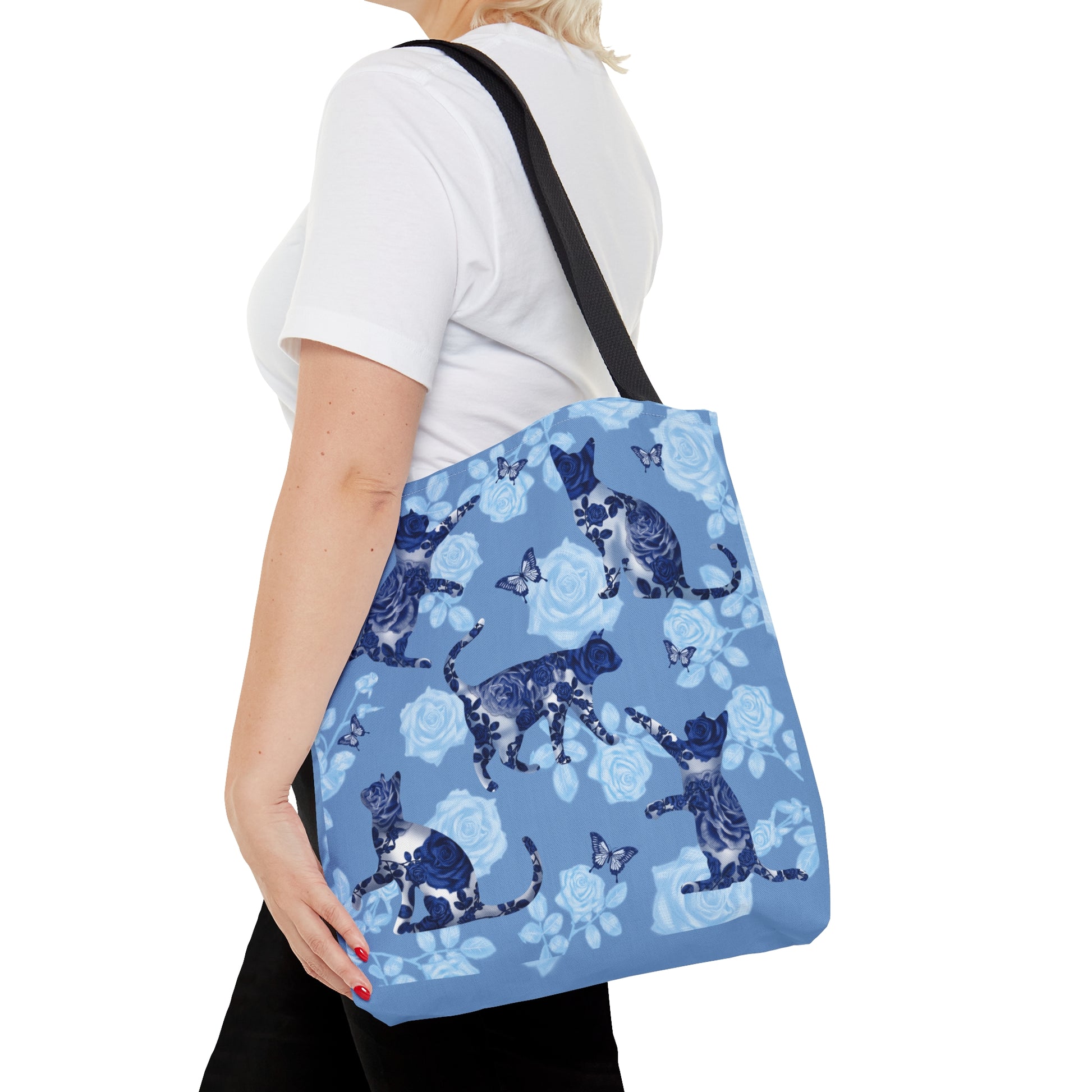 Cat themed blue Tote bag featuring cats, butterflies and roses pattern.