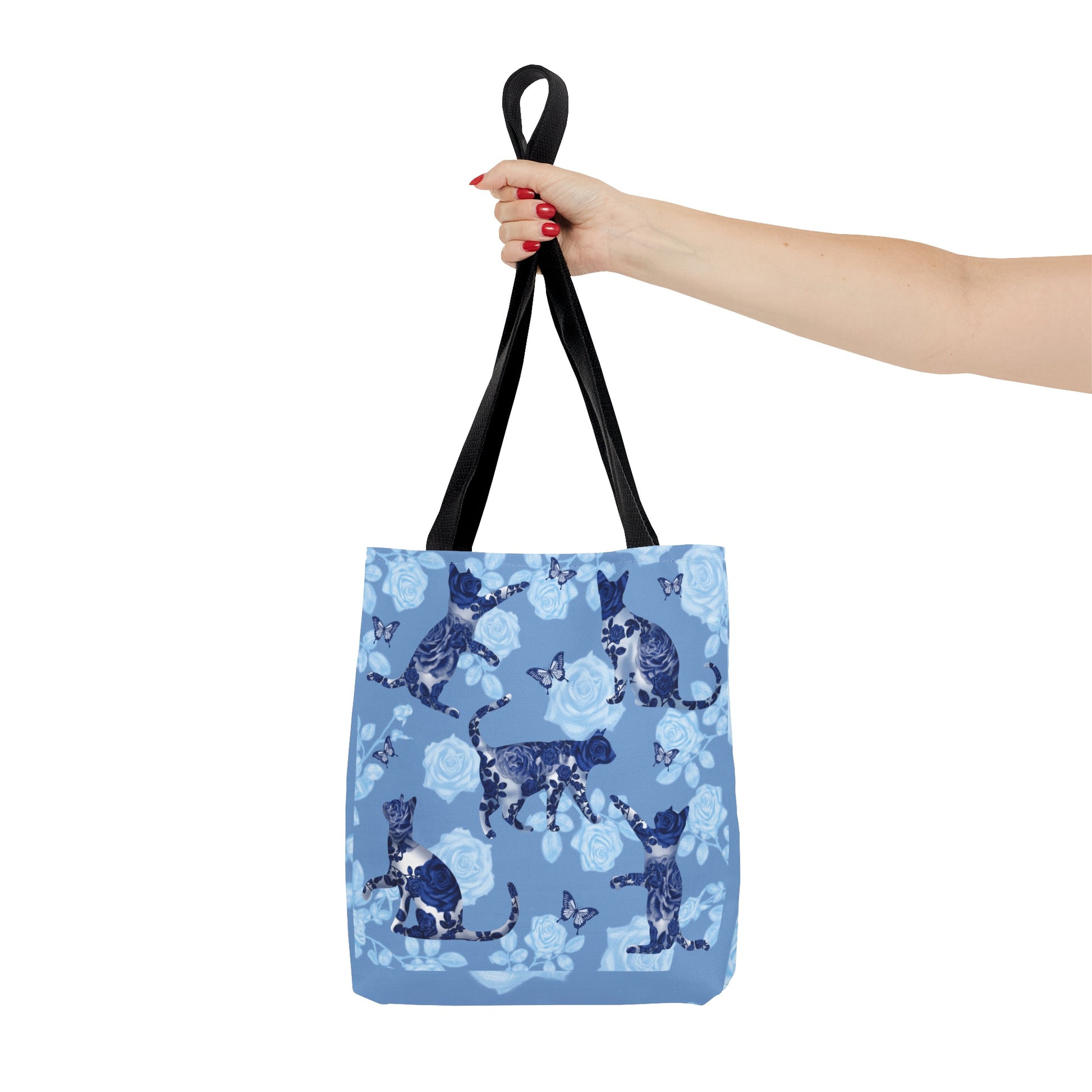 Cat themed blue Tote bag featuring cats, butterflies and roses pattern.