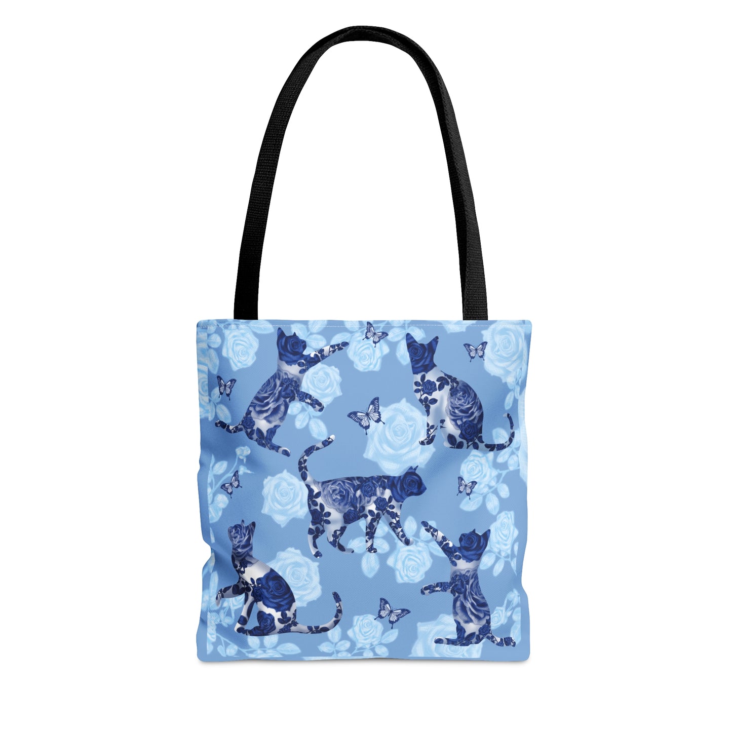 Cat themed blue Tote bag featuring cats, butterflies and roses pattern.