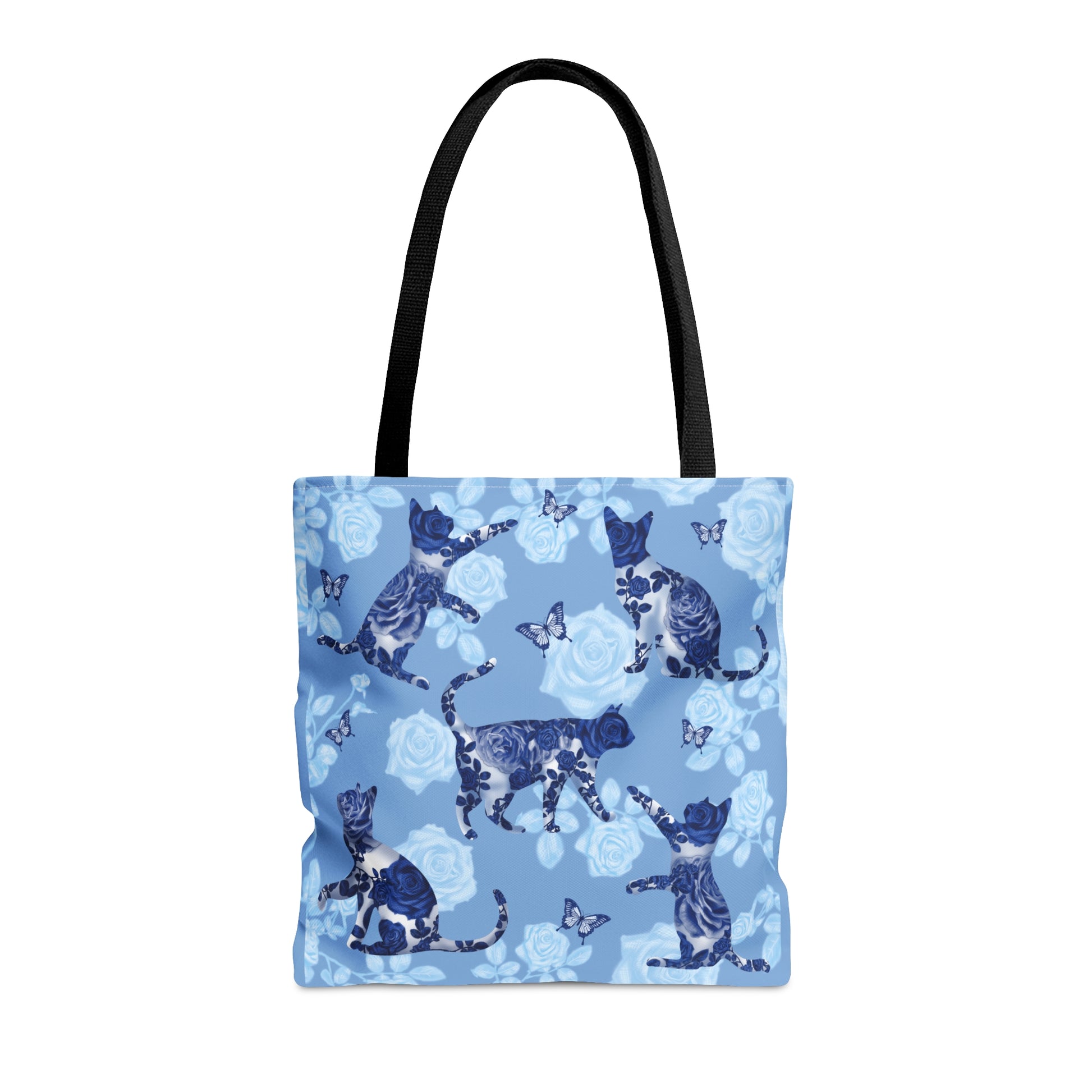 Cat themed blue Tote bag featuring cats, butterflies and roses pattern.