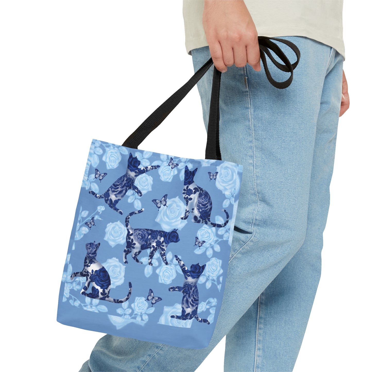 Cat themed blue Tote bag featuring cats, butterflies and roses pattern.