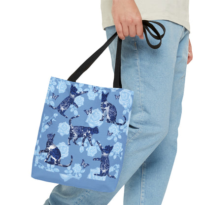 Cat themed blue Tote bag featuring cats, butterflies and roses pattern.