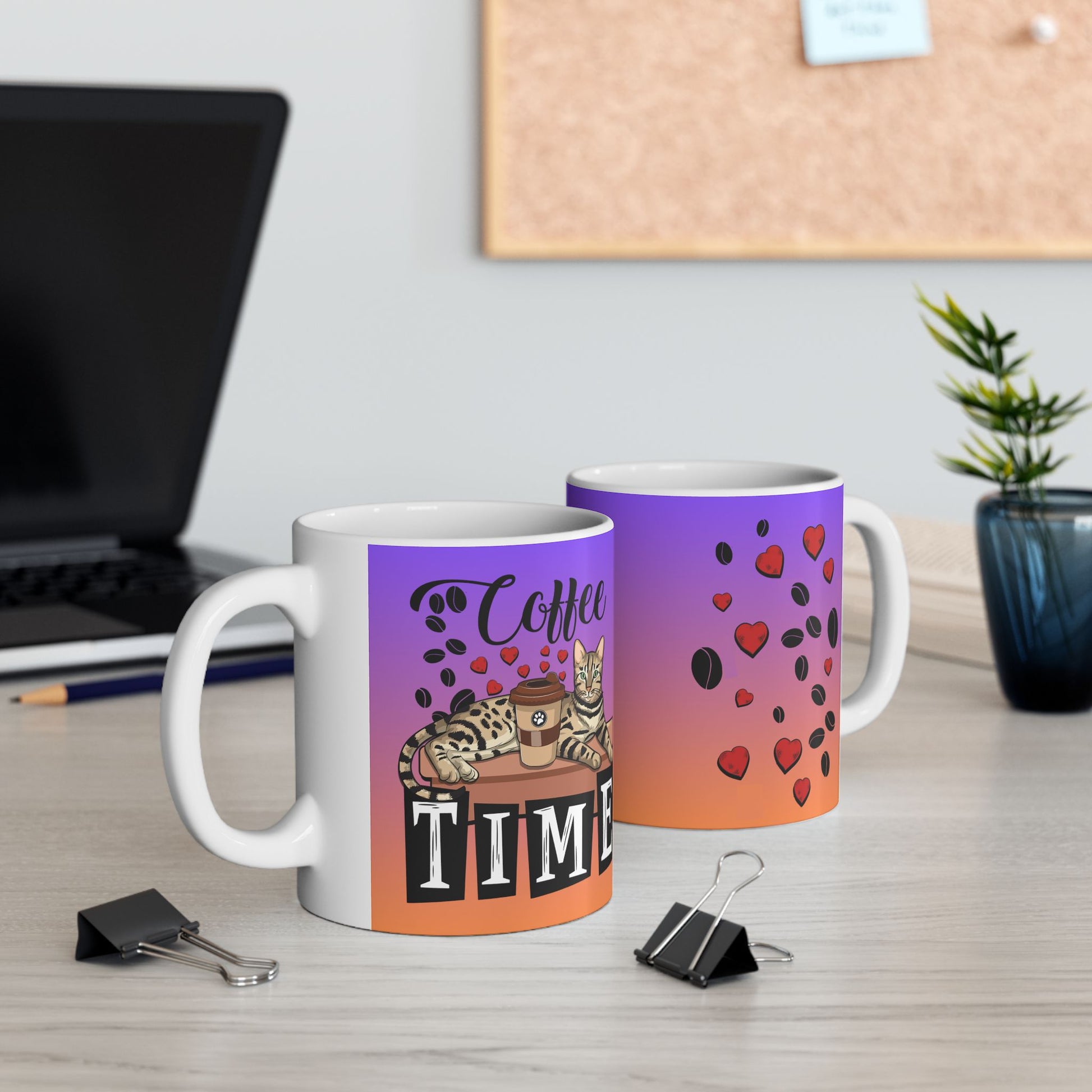 Coffee Mug With Bengal cat, love hearts and coffee beans illustration and the text "Coffee Tme."