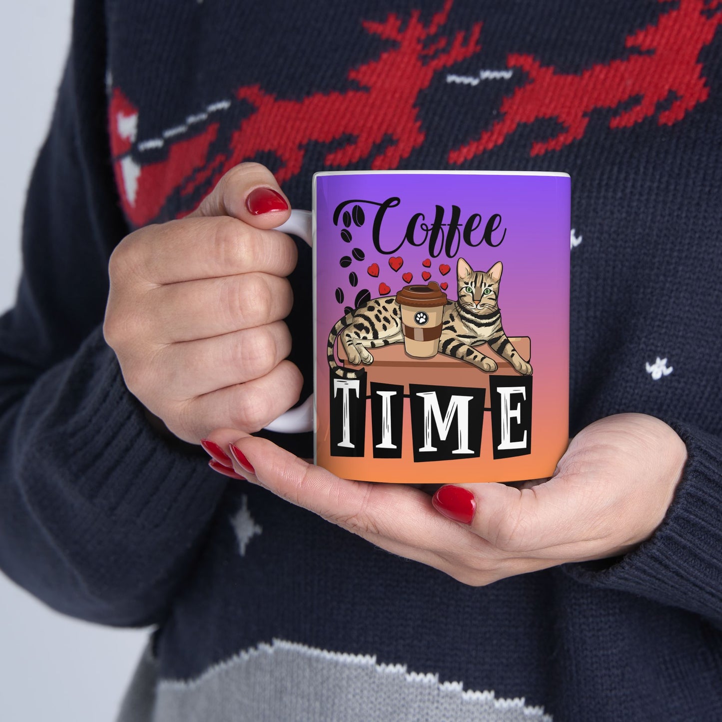 Coffee Mug With Bengal cat, love hearts and coffee beans illustration and the text "Coffee Tme."