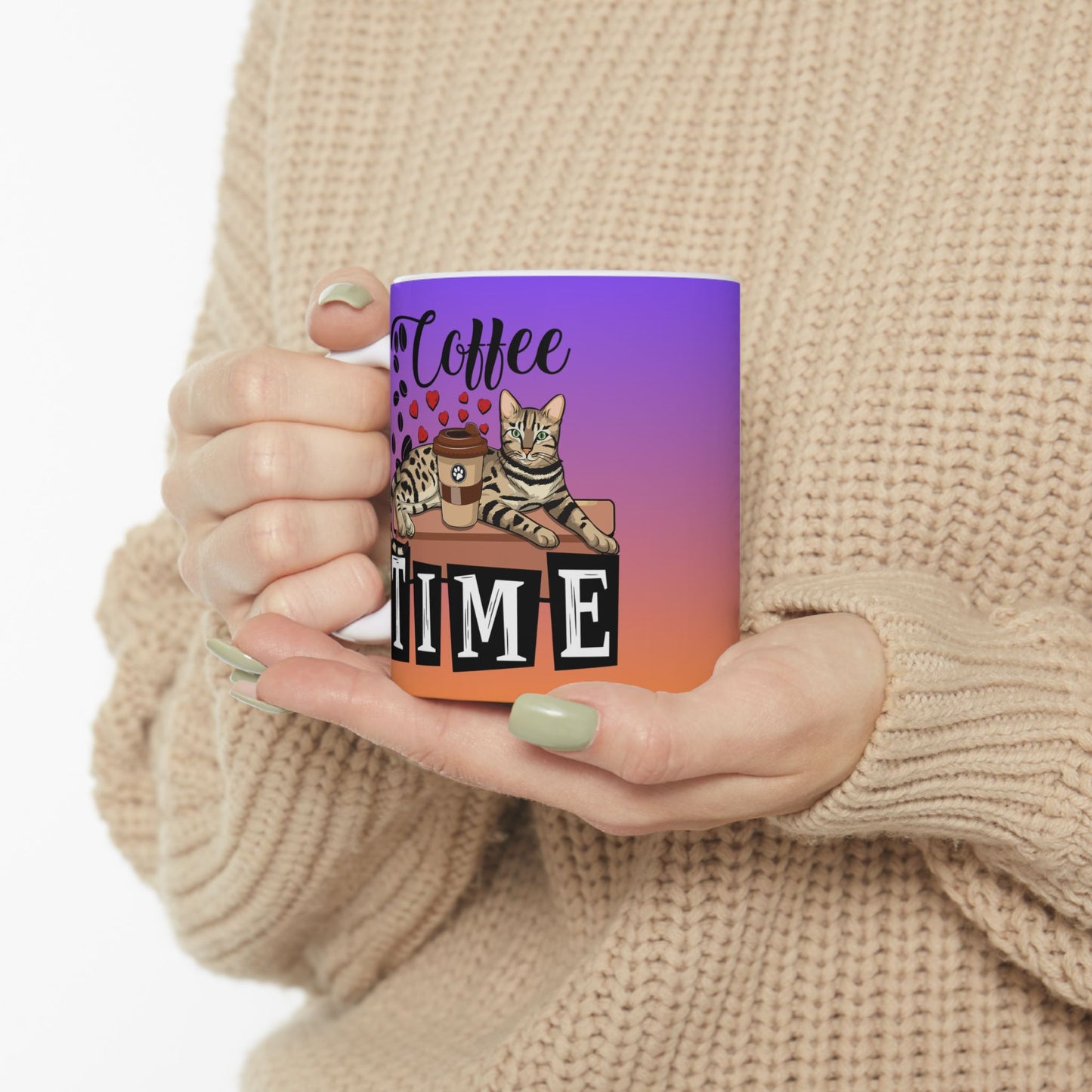 Coffee Mug With Bengal cat, love hearts and coffee beans illustration and the text "Coffee Tme."