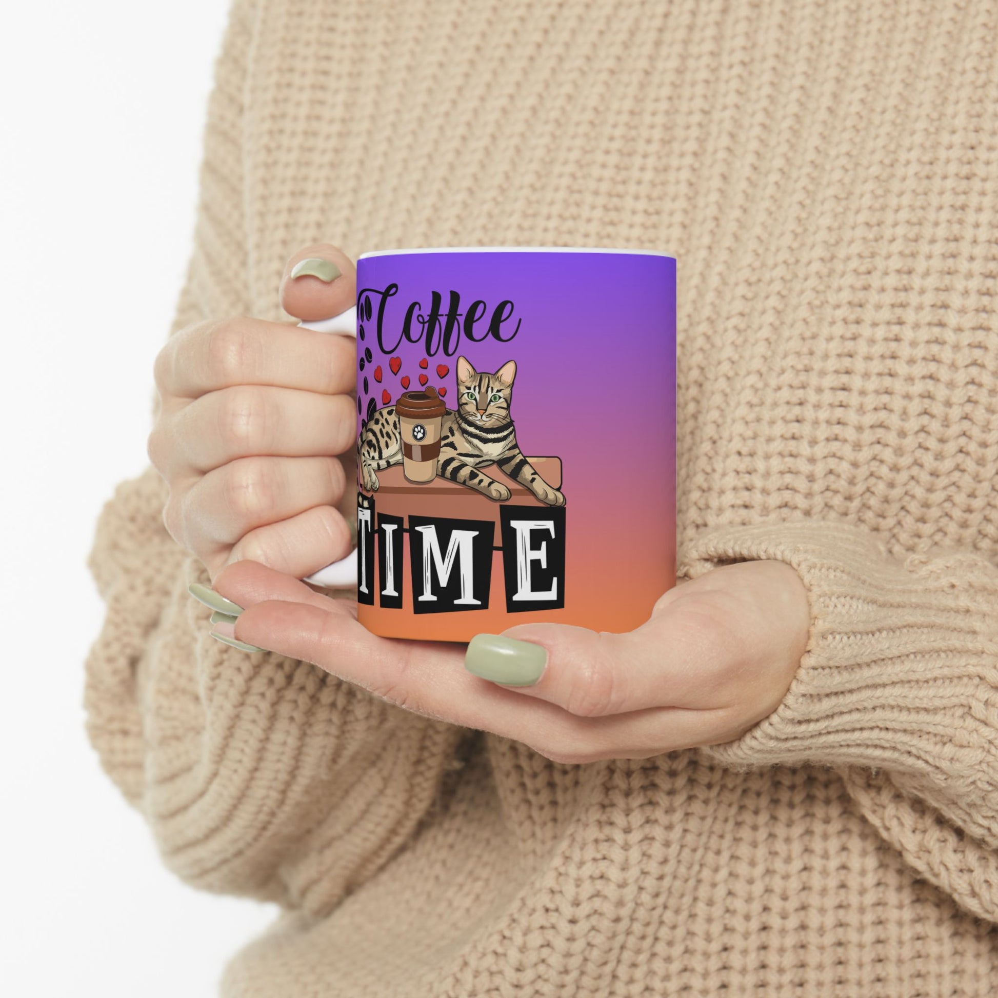 Coffee Mug With Bengal cat, love hearts and coffee beans illustration and the text "Coffee Tme."