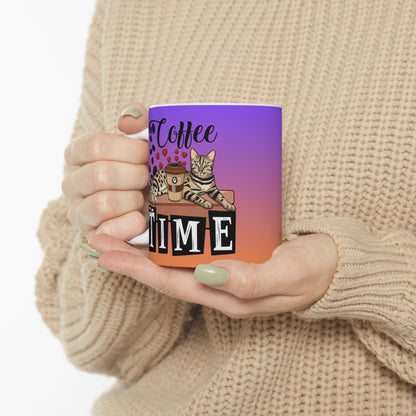 Coffee Mug With Bengal cat, love hearts and coffee beans illustration and the text "Coffee Tme."