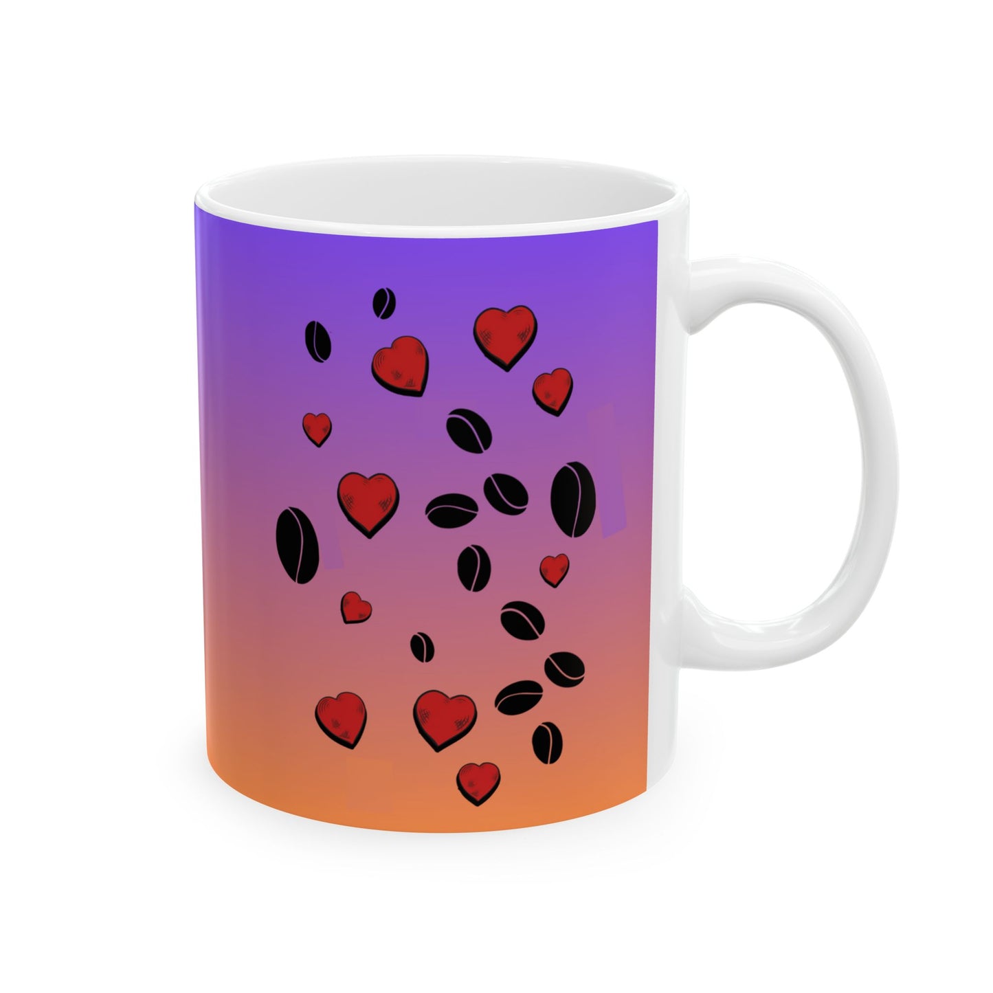 Coffee Mug With Bengal cat, love hearts and coffee beans illustration and the text "Coffee Tme."
