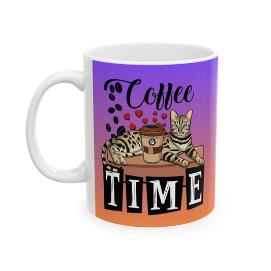 Coffee Mug With Bengal cat, love hearts and coffee beans illustration and the text "Coffee Tme."