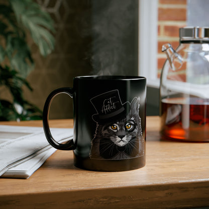Black mug with a Maine Coon cat graphic and 'Cat Addict' text.