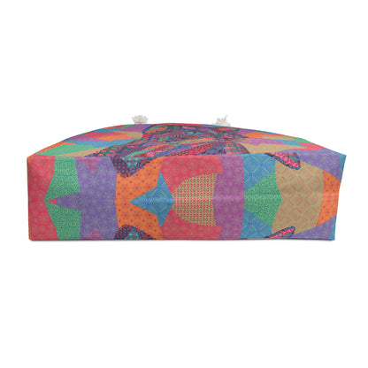 Colorful tote weekender bag with a cat graphic