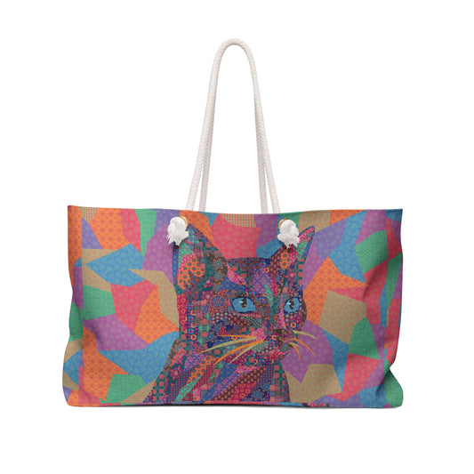 Colorful tote weekender bag with a cat graphic