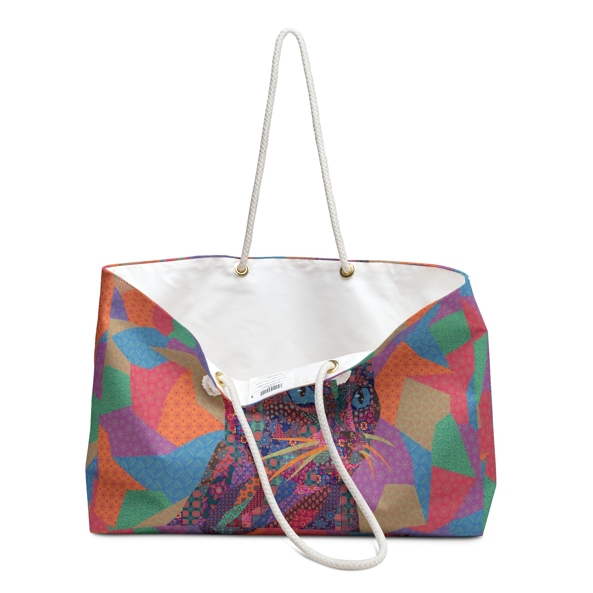 Colorful tote weekender bag with a cat graphic
