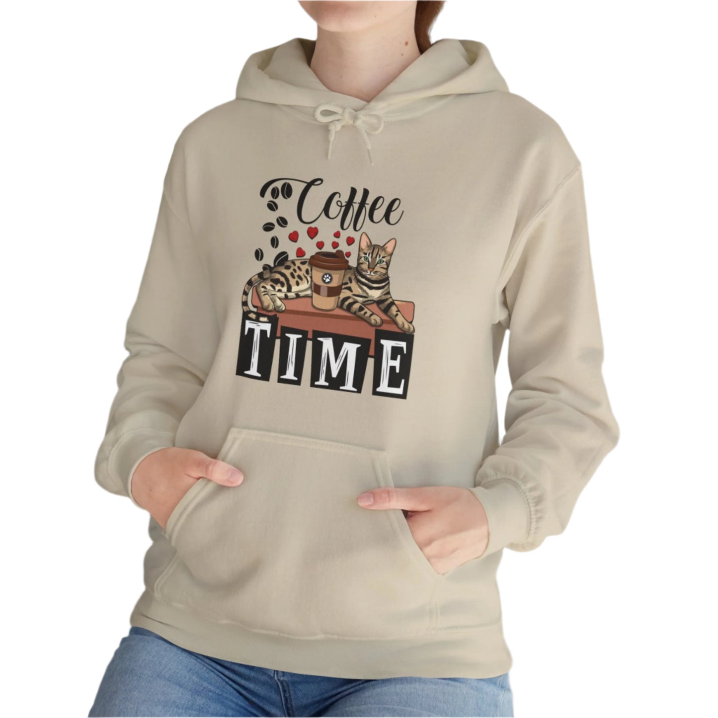 Sand C☕ffee Beans & Love Hearts Cat Themed Hooded Sweatshirt Unisex
