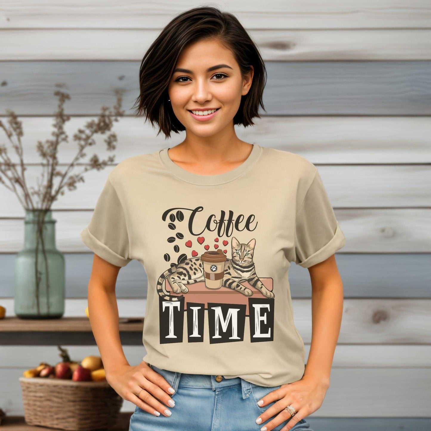 Soft Cream_Coffee_Beans_Love_Hearts_T-Shirt_Unisex Bengal Cat