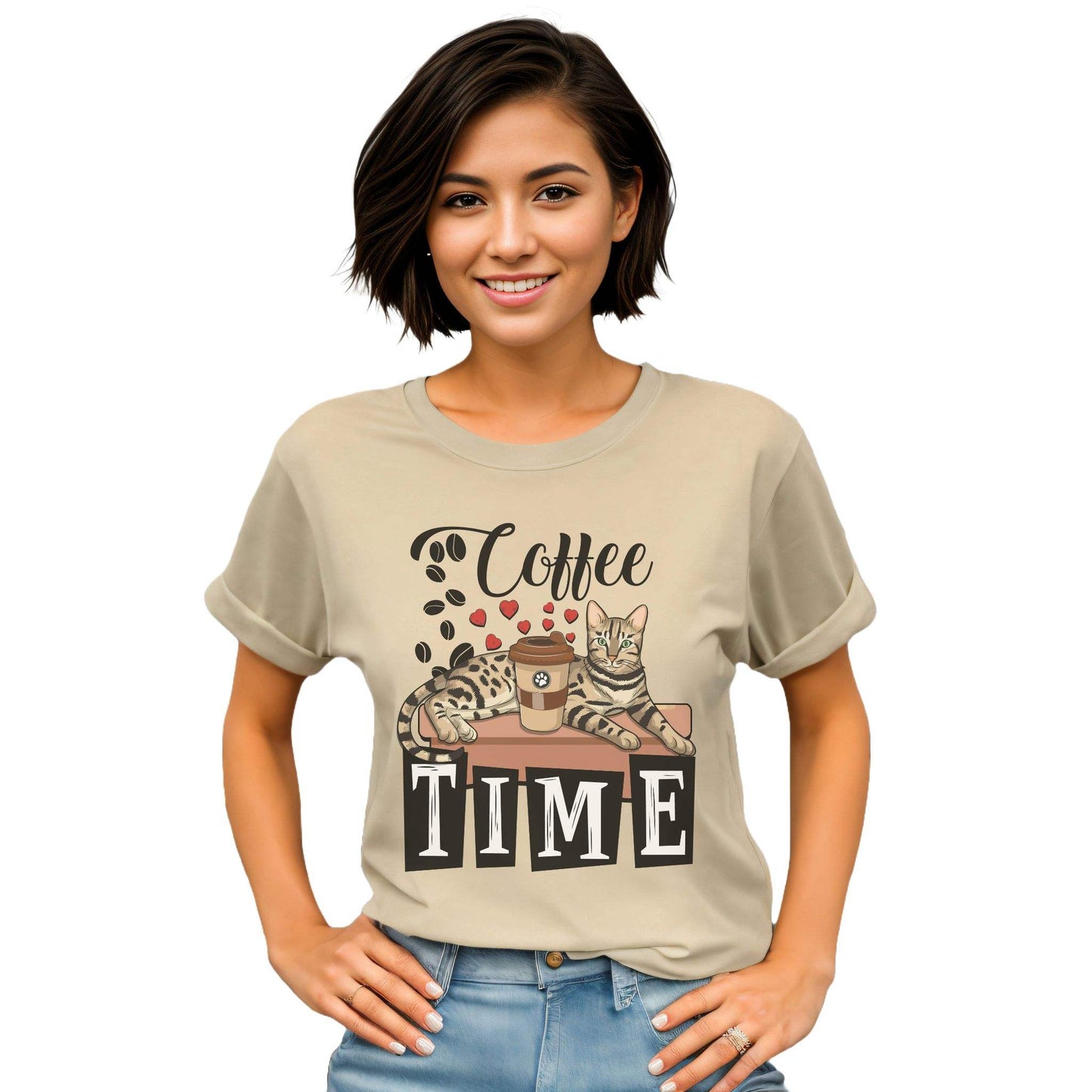 Soft Cream_Coffee_Beans_Love_Hearts_T-Shirt_Unisex Bengal Cat