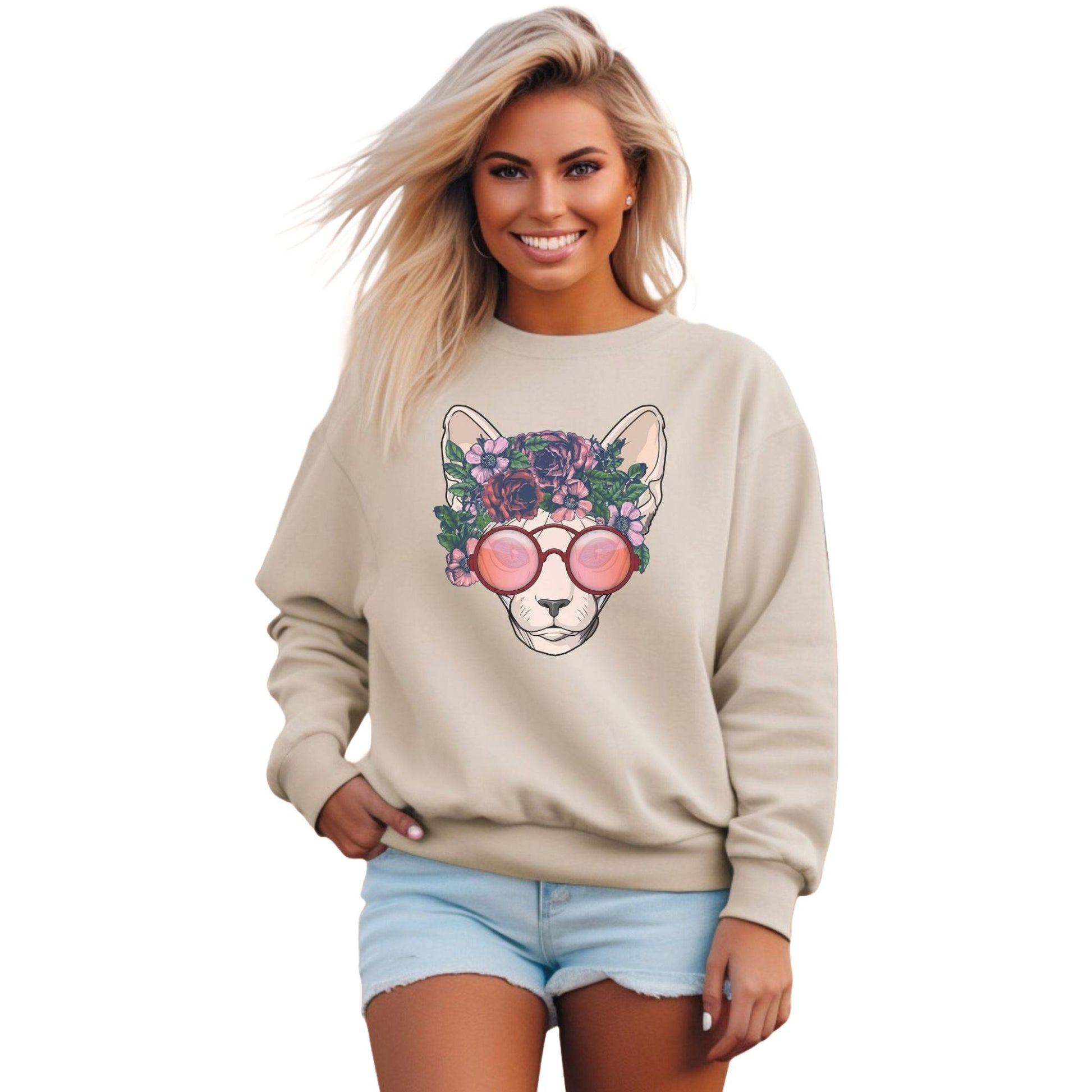 Sand Flower Sphynx Cat Themed Crewneck Unisex Sweatshirt